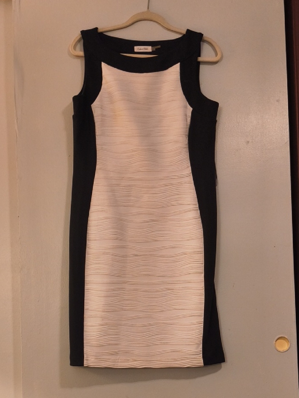 Calvin Klein Black & White Textured Midi Sheath Dress